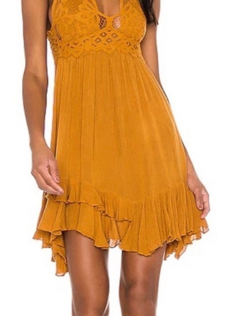 Free People Mustard Crochet-Detail High-Low Mini Dress